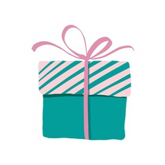 bright present box with ribbon and bow, holiday illustration, vector clipart good for card and print design