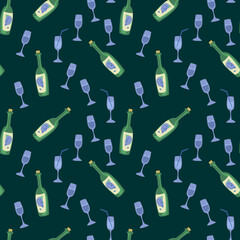 Seamless pattern with bottles of wine and glasses with alcohol on a dark background. Vector illustration in a minimalistic flat style, winery. Textile printing, print design, postcards.
