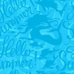Vector seamless blue and white background with silhouettes of fish and mermaids