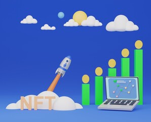 3d render illustration Business intelligence and financial analytics theme Cryptocurrency rate and growth chart with gold coins on a blue background. Cute design concept. Rocket fly