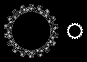 Cogwheel icon and constellation mesh cogwheel structure with glitter spots. Illuminated constellation created using cogwheel vector icon and polygonal mesh. Flare frame cogwheel,