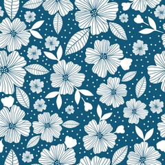 Seamless vintage pattern. White flowers, leaves and dots. Blue background. vector texture. fashionable print for textiles, wallpaper and packaging.