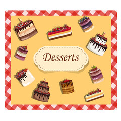 Postcard with a set of yellow color desserts. Pie and cake. Delicious sweet food. Flour. Bakery products. Confectionery product. Vector stock illustration.