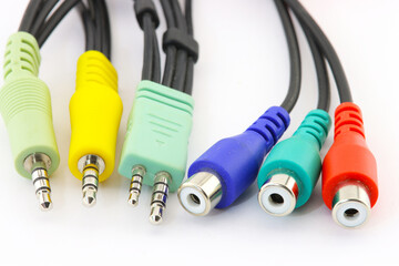 RCA connectors for connecting audio and video devices close-up on a white background.