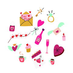 hand drawn valentine's day element collection. Love atributes clipart for couples.Romantic day. Vector illustration