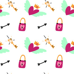 St. Valentines Day seamless pattern. Key, heart-shaped lock, heart with wings, arrows.Doodle style