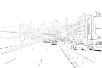 Fototapeta na wymiar Motorway with cars template design sketch. Hand drawn vector illustration. 