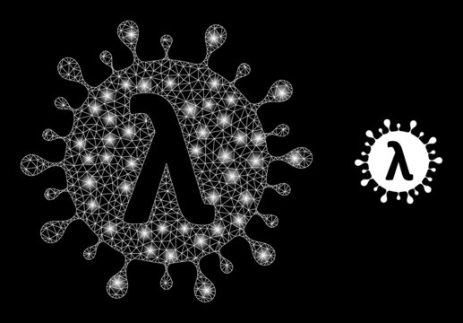 Lambda covid virus icon and glowing net Lambda covid virus model with magic spots. Illuminated model done from Lambda covid virus vector icon and triangle mesh.