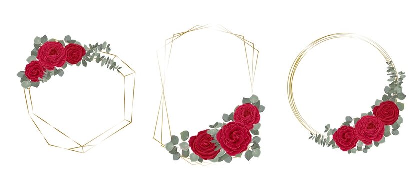 Vector set of different golden frames and red flowers. Red roses, eucalyptus, green plants and flowers