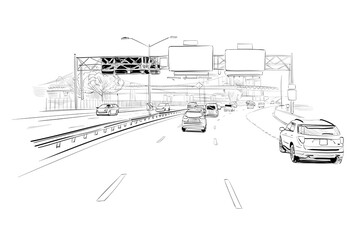 Motorway with cars template design sketch. Hand drawn vector illustration. 