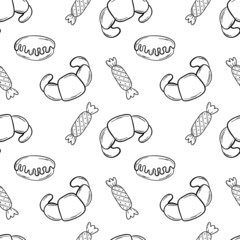 Bakery black doodle outline seamless pattern with pastry.