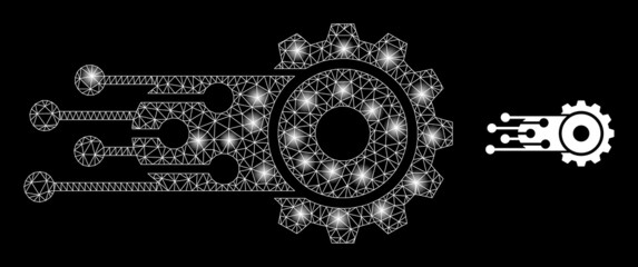 Transition gear icon and glare net mesh transition gear model with illuminated spots. Illuminated constellation is created from transition gear vector icon and polygonal mesh. © Tensor Designs