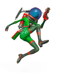 alien girl astronaut is holding a gun and jumping in action