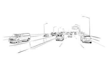 Motorway with cars template design sketch. Hand drawn vector illustration.