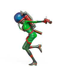 alien girl astronaut is holding a gun and running side view