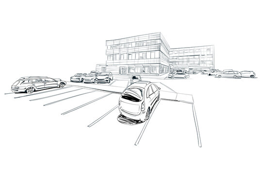 Building layout hand drawn sketch design template. Hospital, store, supermarket, car showroom, school. business center. shopping mall. 