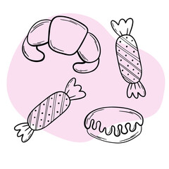 Bakery black doodle outline set with pastry. Cakes, donuts, buns, croissants and candies.