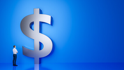 Small business man looks at a big silver dollar symbol on a blue background. Concept of get rich. Photorealistic 3D rendering.