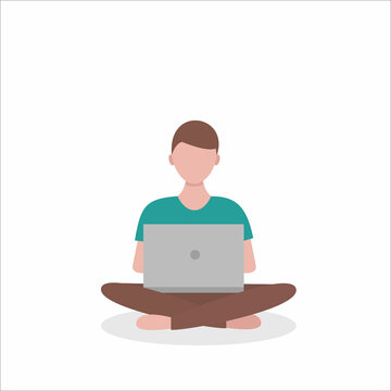 Young man sitting on the floor with laptop. Freelance, online studying, home office.  Flat cartoon vector illustration.