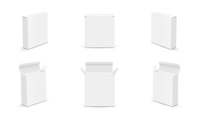 Rectangular Boxes Mockups, Opened, Closed, Various Views, Isolated on White Background. Vector Illustration