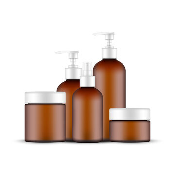 Amber Cosmetic Packaging Mockup: Jar, Bottles with Pump and Spray. Vector illustration
