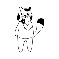 Cute cat and flower doodle icon. Cute pets vector art on white background.