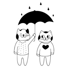 Cute couple of cats with umbrella doodle icon. Cute pets vector art on white background.