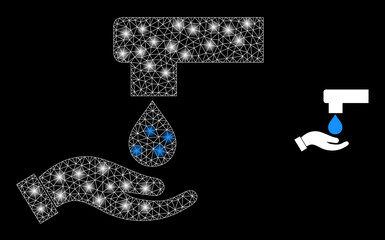 Hand washing icon and glowing net mesh hand washing model with bright spots. Illuminated model is created using hand washing vector icon and triangle mesh. Illuminated frame hand washing,
