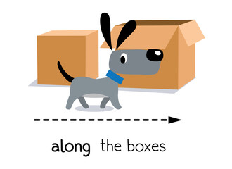 Preposition of movement. Dog walks along the box