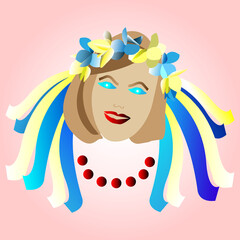 Girl in a national wreath with flowers red lips and blue eyes