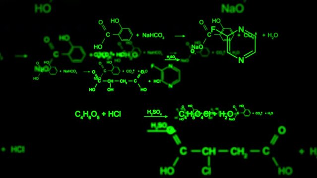 Animation of moving abstract green chemical formulas consisting of benzene rings, hexagons at black background. Medical and Science concepts. Seamless loopable background.