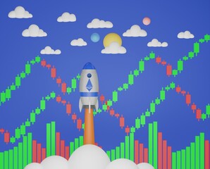 Cryptocurrency trading on mobile finance business investment. rocket crypto to the moon concept or buy, sell, growth statistics, banner, exchange, isometric cartoon minimal. 3d render illustration