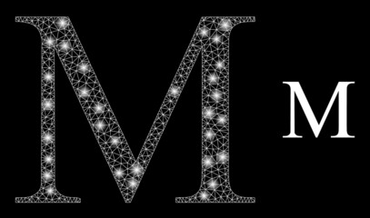 Mu Greek letter icon and constellation net Mu Greek letter model with flare spots. Illuminated constellation is created using Mu Greek letter vector icon and triangulated mesh. © Tensor Designs