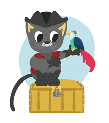 Pirate cat sitting on oak chest with parrot. Anthropomorphic animal in flat style