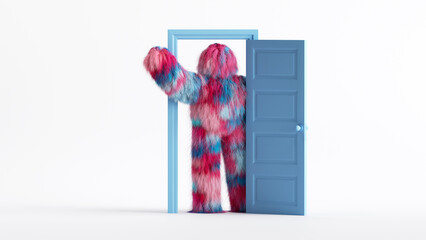 3d render, funny hairy monster with hand up, stands inside the doorway, in the empty room. Modern minimal cartoon character concept - obrazy, fototapety, plakaty