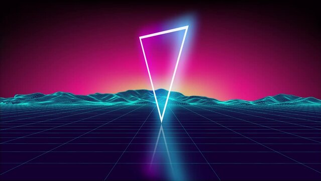Vintage retro triangle animation. Futuristic technology digital space seamless loop 4k. Retro abstract party flyer with pink retro triangle on purple background. Blue abstract futuristic 3d animation.
