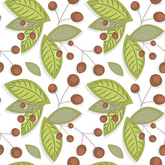 Seamless pattern with green leaves and twigs with berries.Background for packaging on the eco theme, organic products. Vector.