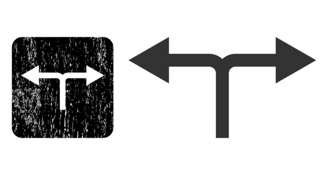 Vector bifurcation arrows left right carved icon. Grunge bifurcation arrows left right stamp, done with icon and rounded square.