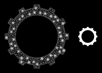 Gear icon and shiny mesh net gear model with glossy light spots. Illuminated model generated from gear vector icon and triangle mesh. Glossy carcass gear, on a black background.