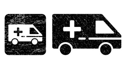 Vector medical emergency car carved pictogram. Grunge medical emergency car seal stamp, done from icon and rounded square. Rounded square stamp seal contain medical emergency car empty space inside.