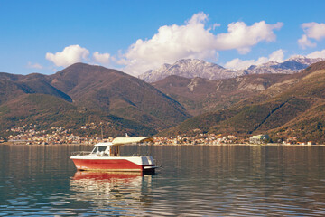 Beautiful winter Mediterranean landscape. Montenegro, Tivat. View of  Bay of Kotor on calm sunny day