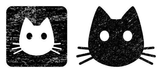 Vector cat head subtracted pictogram. Grunge cat head watermark, done from icon and rounded square. Rounded square stamp have cat head subtracted shape inside. Vector cat head grunge images.