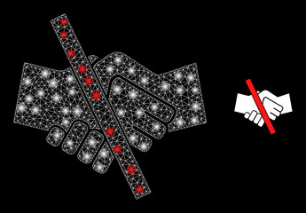 Resrtricted handshake icon and bright mesh resrtricted handshake model with illuminated spots. Illuminated model generated from resrtricted handshake vector icon and triangulated mesh.