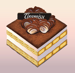 Italian Tiramisu Cake Layered with Whipped Cream and Mascarpone Cheese 
