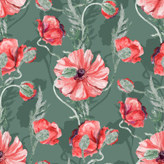 Seamless botanical watercolor pattern with red poppies on a green background. Vintage summer print for textile and surface design.