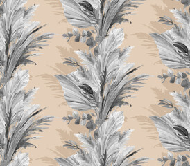 Monochrome Seamless black and white pattern with pampas grass and dried flowers on a beige background painted in watercolor for textile and surface design