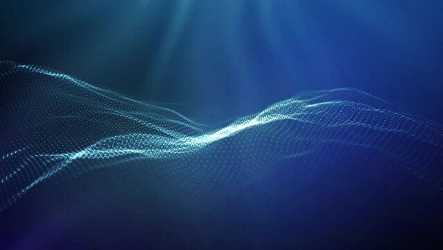 Blue wave technology business background. Abstract blue colour wave from animation in blue color with smoke. Seamless loop 4k. Big data visualisation.