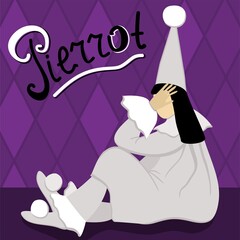 Pierrot sitting on the floor and crying. Purple background. - obrazy, fototapety, plakaty