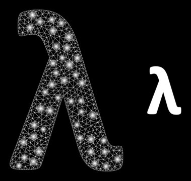Lambda Greek lowercase letter icon and constellation mesh net Lambda Greek lowercase letter model with bright spots.