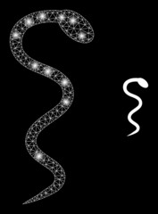 Snake icon and constellation net mesh snake structure with illuminated light spots. Illuminated model done using snake vector icon and triangulated mesh. Glossy carcass snake, on a black background.